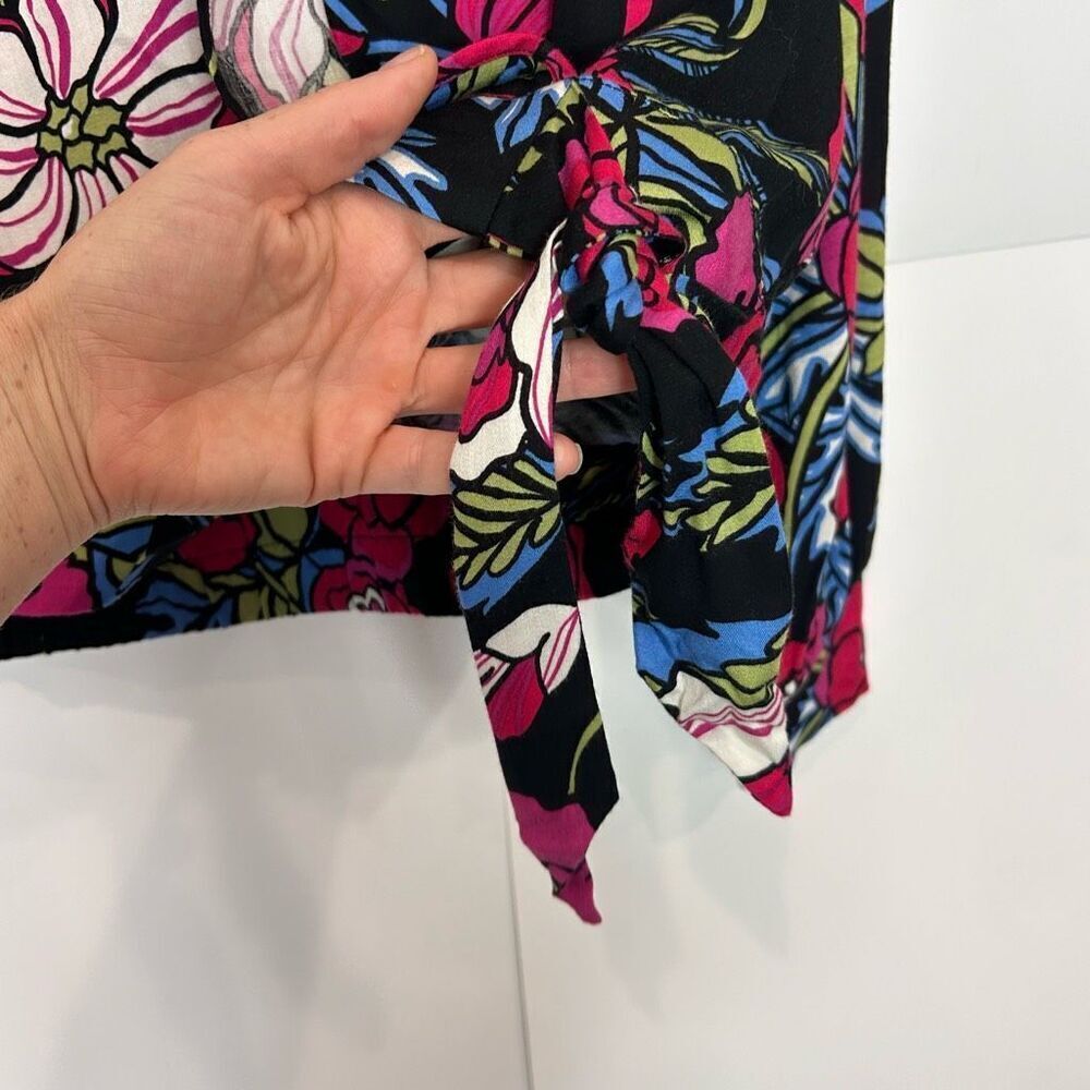 Anthropologie Dark Floral Wrap Blouse with Red and Pink Blooms - Picture 7 of 15